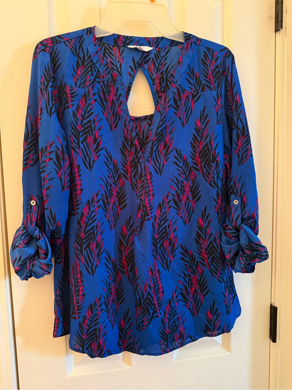 Candie's Royal Blue Keyhole Blouse with Black & Pink Leaf Motif